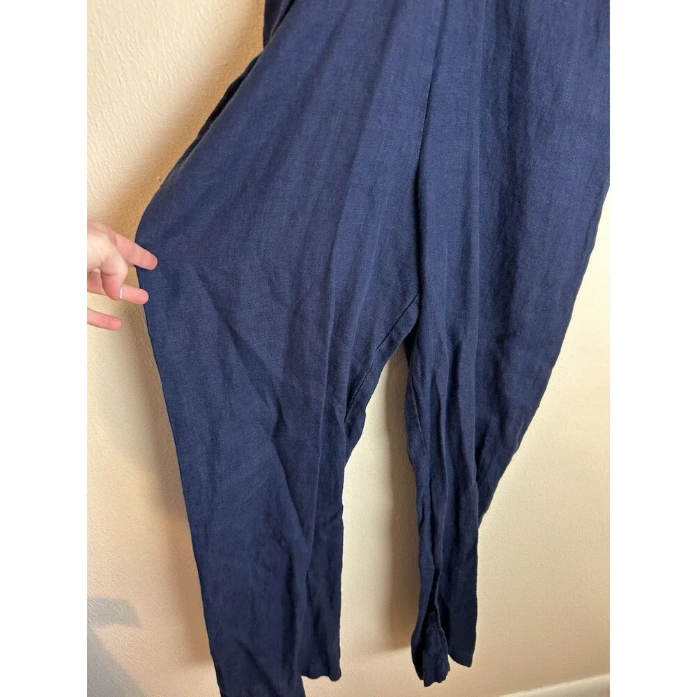 Love and Confuse S Jumpsuit 100% Pure Linen Blue wrap Lagenlook Natural Pants